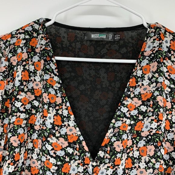 Missguided Dress Floral Print V Neck Long Sleeve Button Tie Waist Mini - Picture 4 of 12